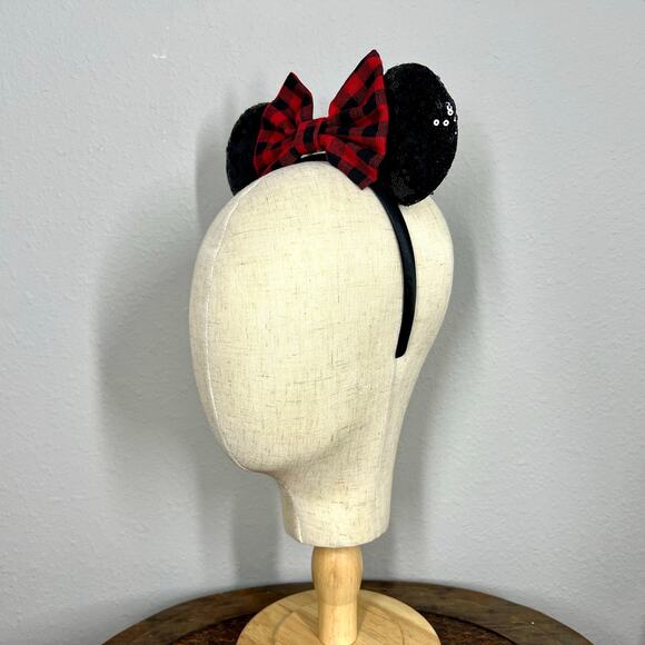 Christmas Red & Black Buffalo Plaid Minnie Ears | Disney-Inspired Holiday Ears - Picture 3 of 5